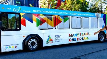 World University Games-wrapped GoTriangle bus