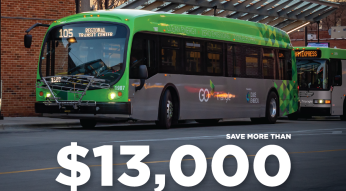Photo of a green GoTriangle bus with text: "Bus riders can save $13,000 a year versus car drivers."